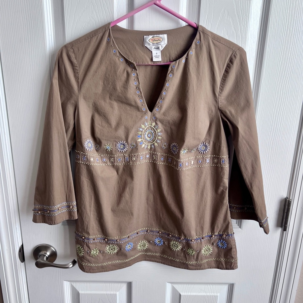 Talbots Womens Small Brown Embroidered Beaded Split Neck 3/4 Sleeve Tunic Top